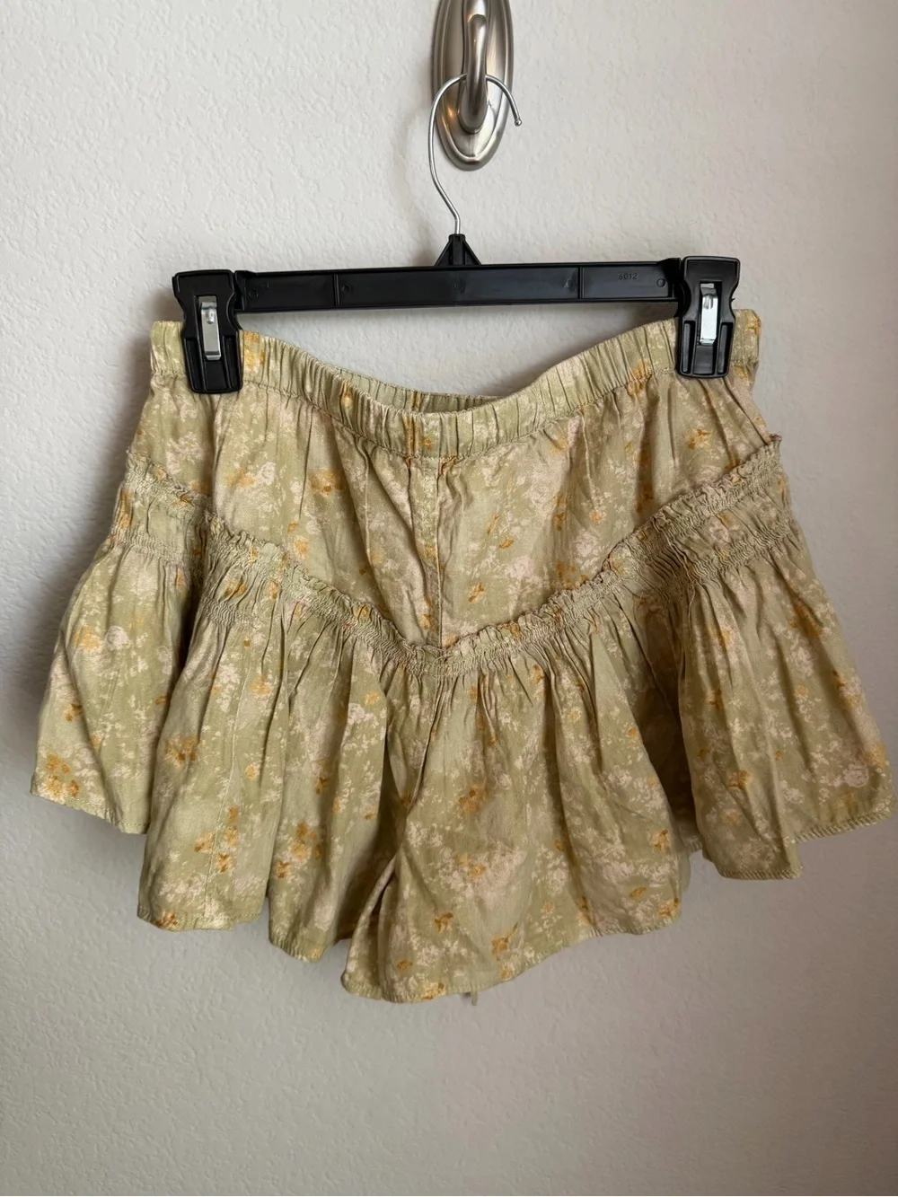 Free People Olive Tiered Drawstring Shorts with Yellow Floral
